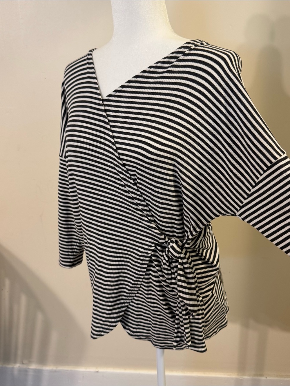 Ces Femme Black & White Striped Knit Wrap Top | Y2K Office Siren Stretch Blouse
